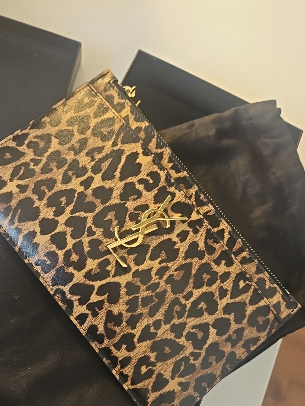 Saint Laurent Leopard Print Leather Card Holder Wristlet with Gold YSL Emblem